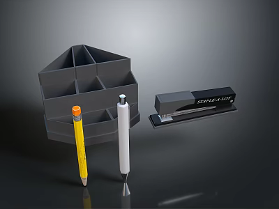 Practical Office Supplies Organizer with Multi Compartment Storage Box Yellow White Pens and Black Stapler 3d model
