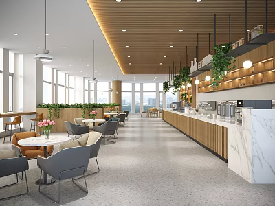 Modern Café Interior With Open Design Wooden Ceiling Green Plants Marble Counter And Seating 3d model