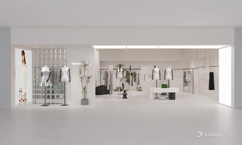 Modern Clothing Store Interior With Mannequins Hanging Clothes And Green Plants 3d model 
