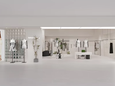 Modern Clothing Store Interior With Mannequins Hanging Clothes And Green Plants 3d model