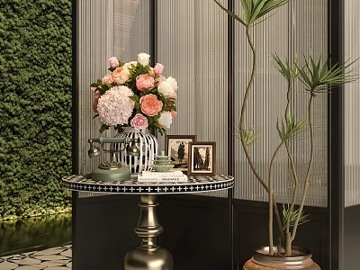 Stylish Round Table With Floral Bouquet Photo Frames And Tall Green Plant 3d model