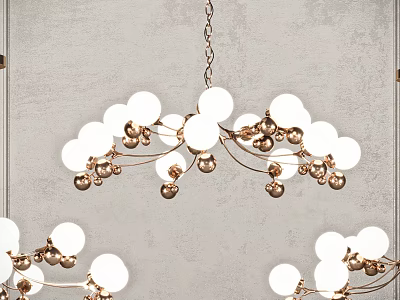 Elegant Gold Metal Branched Chandelier With White Spherical Bulbs And Small Decorative Gold Beads 3d model