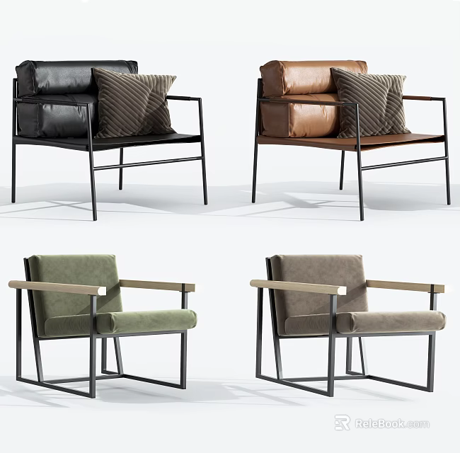 Modern Single Sofa Designs in Black Brown Green Grey Leather Fabric with Metal Wooden Frame 3d model 