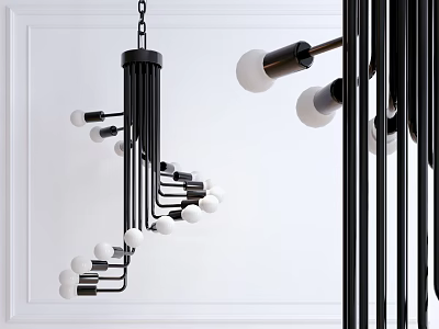 Modern Black Metal Chandelier With White Spherical Bulbs Multiple Hanging Arms And Sleek Design 3d model
