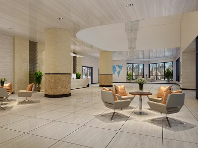 Front Desk Reception Area Modern Lobby With Comfortable Sofas Coffee Table And Green Plants 3d model