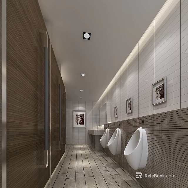 Modern Public Restroom Interior With White Urinals Tiled Walls Framed Pictures And Ceiling Lights 3d model 