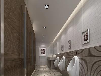 Modern Public Restroom Interior With White Urinals Tiled Walls Framed Pictures And Ceiling Lights 3d model