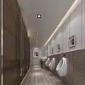 Modern Public Restroom Interior With White Urinals Tiled Walls Framed Pictures And Ceiling Lights