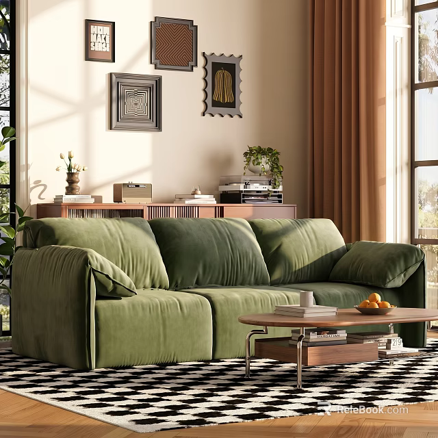 Green Velvet Three Seater Sofa With Wooden Coffee Table Cup Oranges Wall Art Natural Light 3d model 