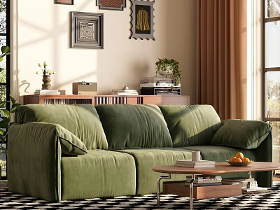 Green Velvet Three Seater Sofa With Wooden Coffee Table Cup Oranges Wall Art Natural Light 3d model