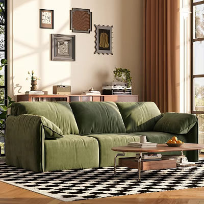 Green Velvet Three Seater Sofa With Wooden Coffee Table Cup Oranges Wall Art Natural Light 3d model