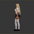 Woman In White Top And Blue Skirt With White Thigh High Socks On Gray Background