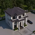 Elegant Two Story Detached Villa with White Facade Dark Roof Grand Pillars and Lush Greenery