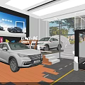 Modern Car Showroom Display With White Vehicles Glass Structure And Lighting