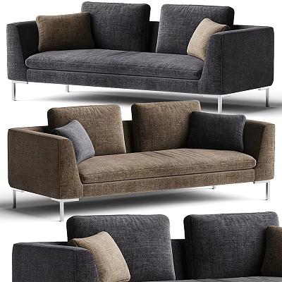 Modern Gray And Brown Sectional Sofa With Metal Legs And Decorative Cushions 3d model
