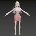 Anime Style Woman With Long Blonde Hair In White Blouse And Pink Skirt