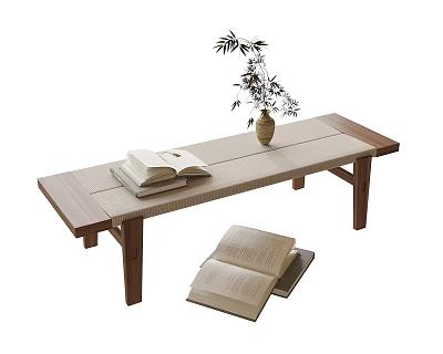 Modern Wooden Bench With Open Books Stacked Books Potted Plant And Comfortable Seat 3d model
