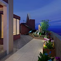 Serene Evening Roof Garden With Wooden Deck Dining Table Plants And Ocean View