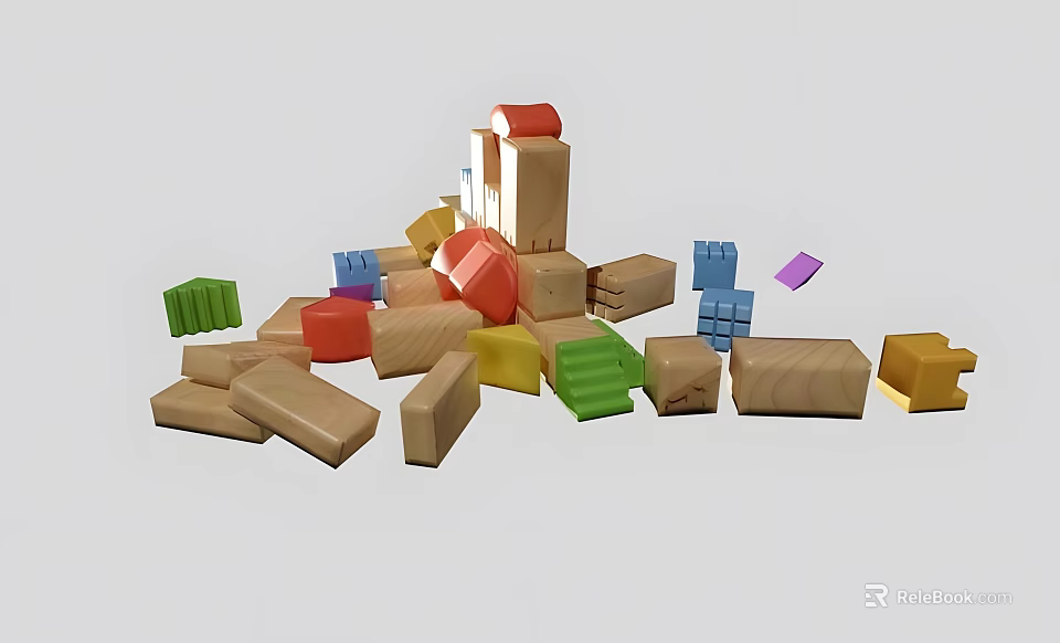 Colorful Wooden Building Blocks with Various Shapes for Kids Play and Creative Construction 3d model 