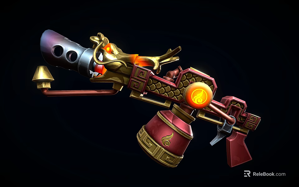 Ornate Dragon Shaped Cannon with Golden Decorations Flame Effects and Eastern Design Elements 3d model 