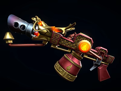 Ornate Dragon Shaped Cannon with Golden Decorations Flame Effects and Eastern Design Elements 3d model