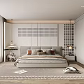 Modern Minimalist Bedroom Interior With Blinds Wooden Flooring Rug And Grid Wall Decor