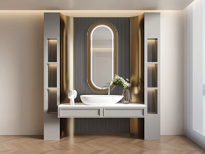 Modern Bathroom Interior With White Vanity Oval Mirror Gold Silver Accents And Lighting 3d model