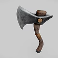 Tool Axe With Shiny Metal Head Dark Curved Wooden Handle And Metal Tip