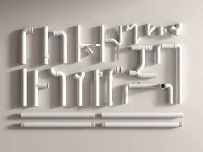 Different Types of White Plumbing Pipes And Fittings Arranged On Light Background 3d model
