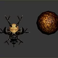 Mystical Beetle Creature With Metallic Black Exoskeleton Wings Multiple Legs And Orange Cracked Sphere