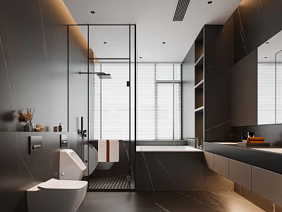 Modern Dark Bathroom Interior With Glass Shower Enclosure Bathtub Vanity And Storage Cabinets 3d model