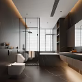 Modern Dark Bathroom Interior With Glass Shower Enclosure Bathtub Vanity And Storage Cabinets