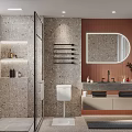 Modern Terrazzo Bathroom Interior With Illuminated Rounded Mirror And Warm Terracotta Accent Wall