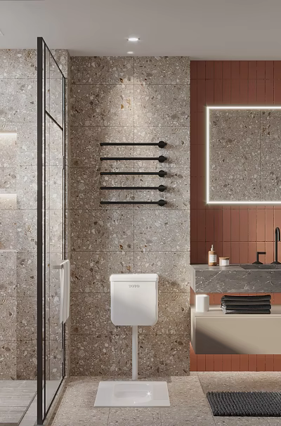 Modern Terrazzo Bathroom Interior With Illuminated Rounded Mirror And Warm Terracotta Accent Wall 3d model