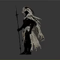 Fantasy Character With Large Curved Horns Ornamental Tattered Cloak Holding Long Spear Dark Armor Design
