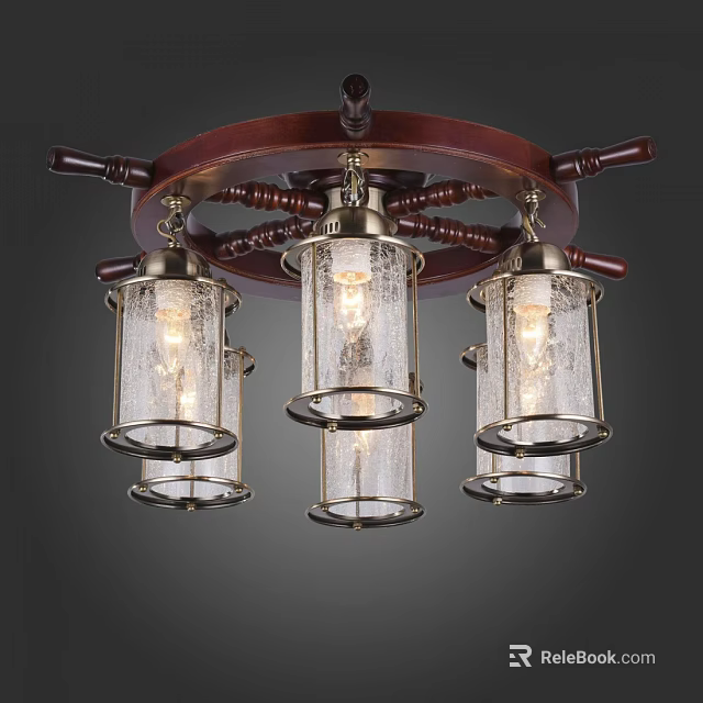 Vintage Wooden Chandelier With Nautical Wheel Design Three Glass Shades And Metal Frame 3d model 