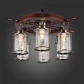 Vintage Wooden Chandelier With Nautical Wheel Design Three Glass Shades And Metal Frame