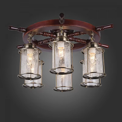 Vintage Wooden Chandelier With Nautical Wheel Design Three Glass Shades And Metal Frame 3d model