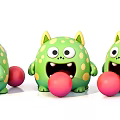 Cute Green Cartoon Monster Toys With Yellow Horns Ears Spots And Red Balls