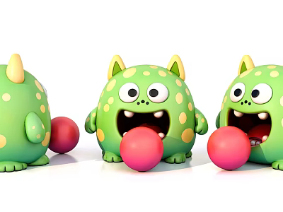 Cute Green Cartoon Monster Toys With Yellow Horns Ears Spots And Red Balls 3d model