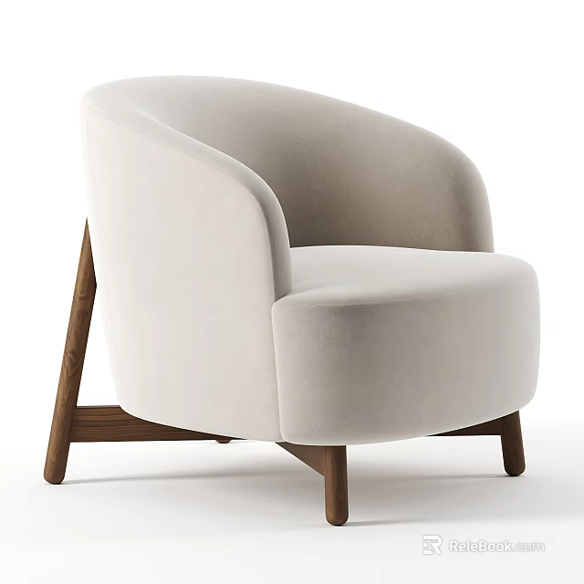 Light Beige Velvet Single Sofa With Curved Backrest And Wooden Legs 3d model 