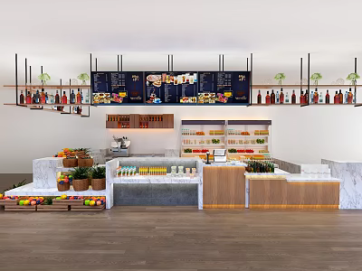 Multi Purpose Functional Table In Cafe Interior With Fresh Fruits Display Shelves And Drinks 3d model