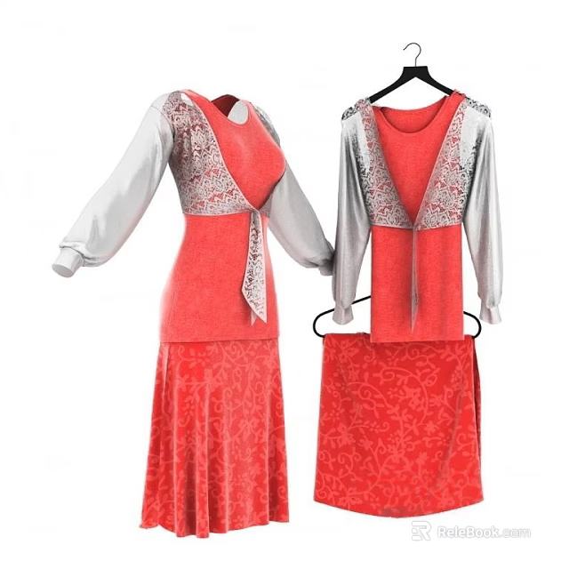 Stylish Red Outfits With Silver Accented Long Sleeves Fringes And Patterned Skirts 3d model 