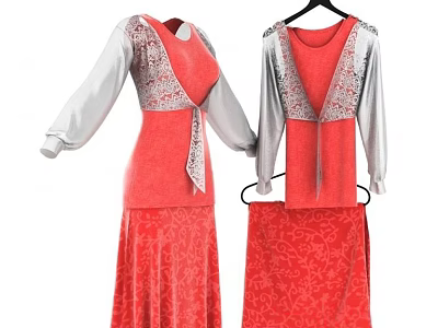 Stylish Red Outfits With Silver Accented Long Sleeves Fringes And Patterned Skirts 3d model