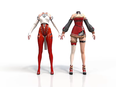 Two Different Character Costume Styles With White Top Red Pants And Red Dress Details 3d model
