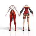 Two Different Character Costume Styles With White Top Red Pants And Red Dress Details