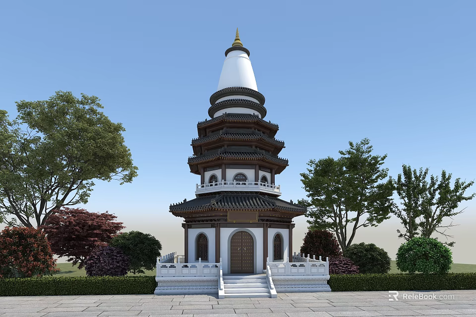 Traditional Chinese Pagoda With White Spire And Multi tiered Structure Surrounded By Lush Trees And Stone Steps 3d model 