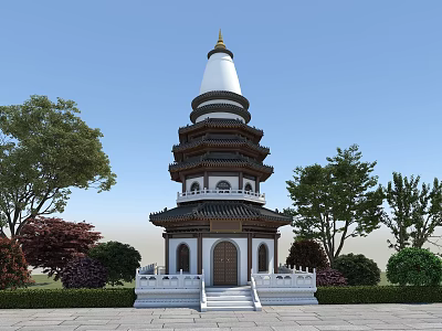 Traditional Chinese Pagoda With White Spire And Multi tiered Structure Surrounded By Lush Trees And Stone Steps 3d model