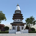 Traditional Chinese Pagoda With White Spire And Multi tiered Structure Surrounded By Lush Trees And Stone Steps