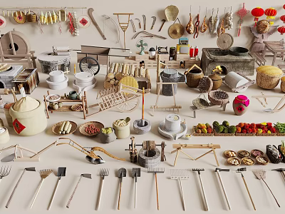 Traditional Agricultural Equipment Collection Including Hand Tools Grain Vegetables Fruit And Vintage Baskets 3d model